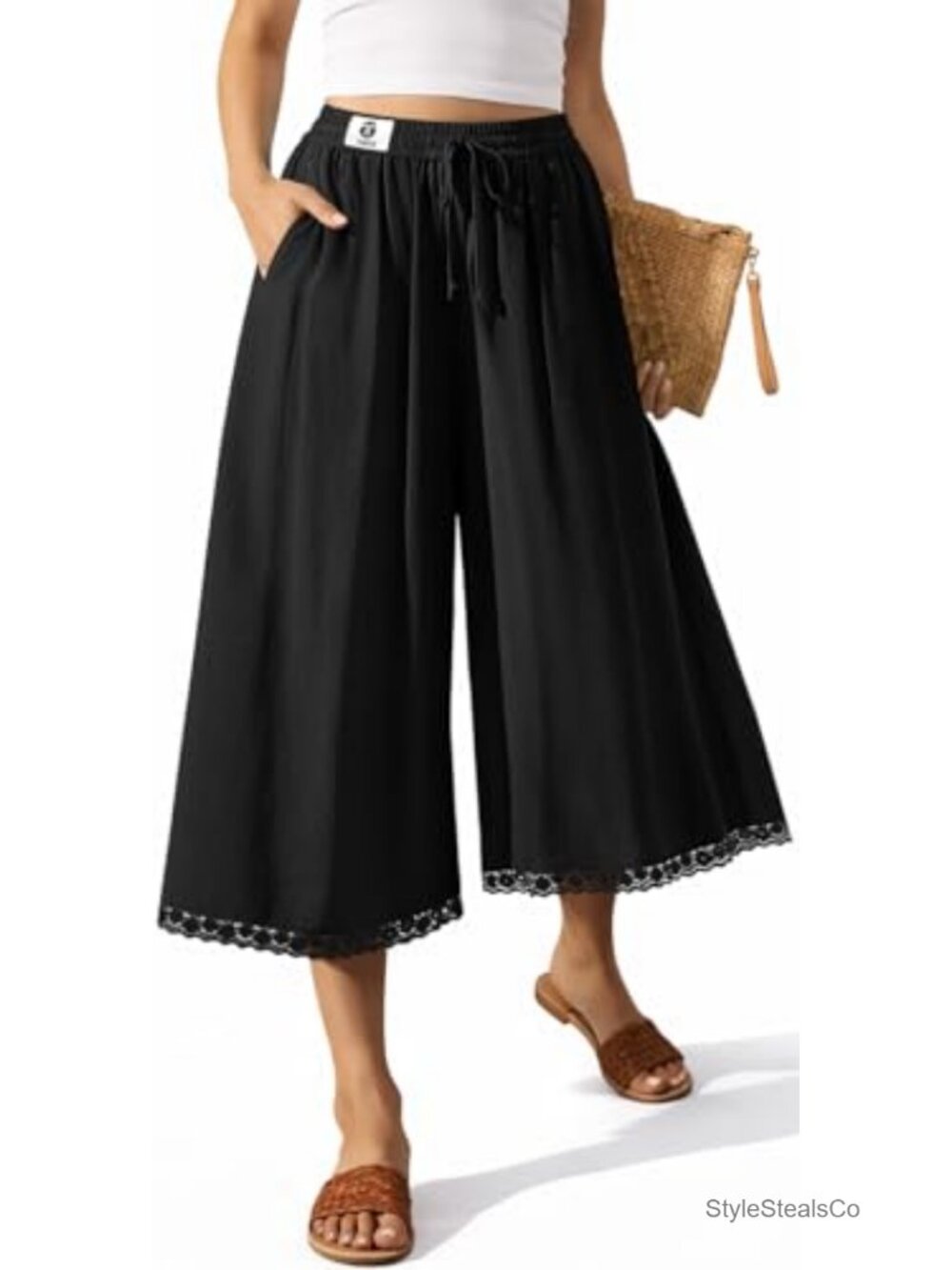 Linen Blend Wide Leg Capri Pants with Pockets Casual Flowy Summer